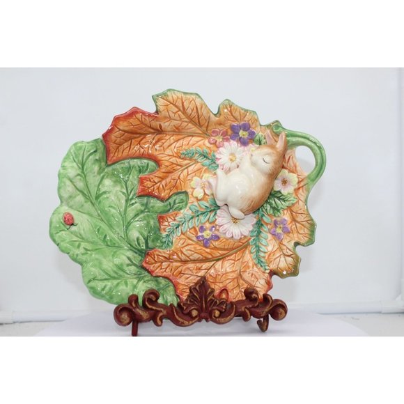 Fitz & Floyd - Classic Woodland Spring Bunny Sleeping On Leaf Shaped Candy Dish - Picture 3 of 4